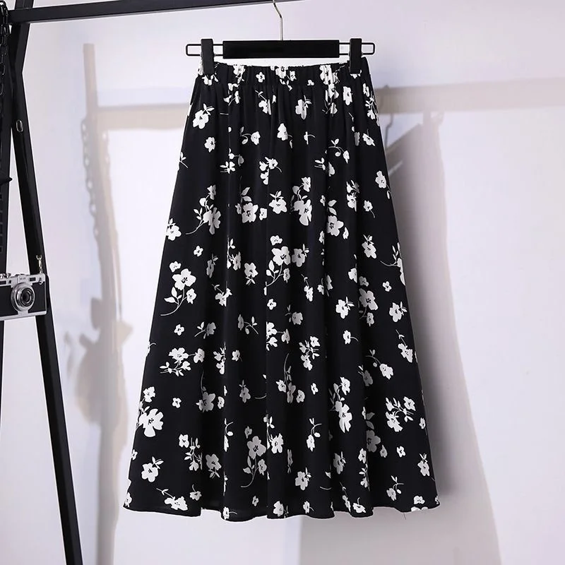 

plus Size Floral Print Midi Skirt High Waist A-Line Summer Fashion for Women Heavy 300 Pounds Mid-Thigh Length Casual Wear