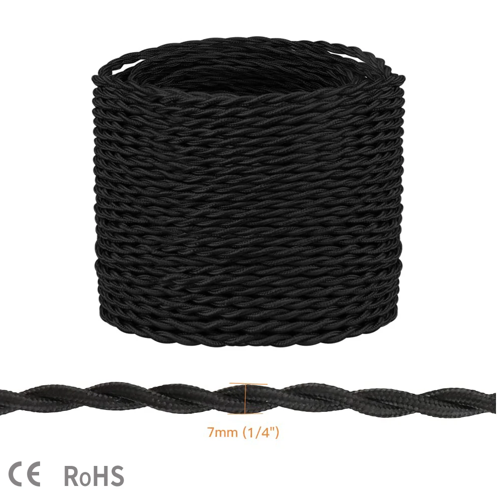 Vintage Twisted Electrical Wire Black Textile Cable 2*0.75mm Edison Vintage Lamp Cord Braided Retro Pendant Light Lamp Wire