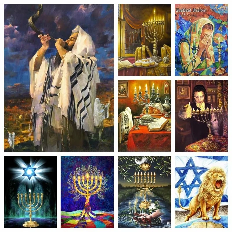 Pintura Diamante 5D Judaica: Shofar, Menorá, Faíscas, Estrela de Davi, Mosaico Judaico, Ponto Cruz, Artesanato, Decoração de Casa, Presente