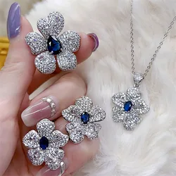 Elegant Luxury Blue Cubic Zirconia Adjustable Flower Ring Pendant Necklace Earrings Jewelry Sets for Women's Anniversary Jewelry