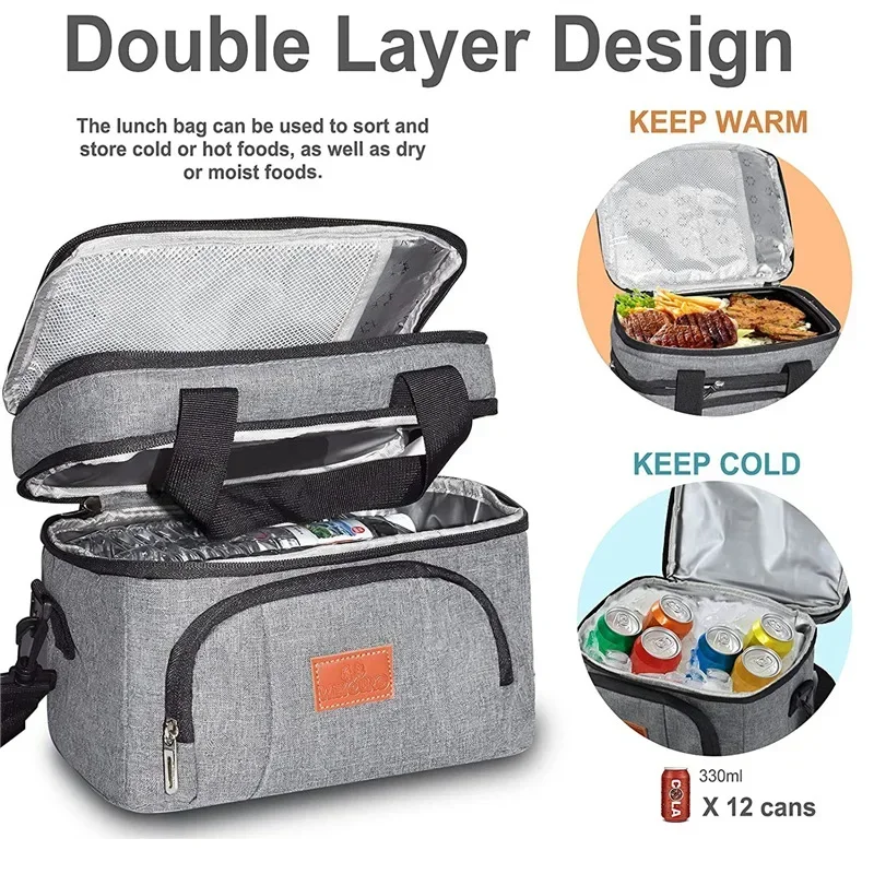 Insulated Double-Layer Tote Cooler Bag - Large Capacity Lunch Box Women/Men, Leakproof Picnic & School Bag with Adjustable Strap