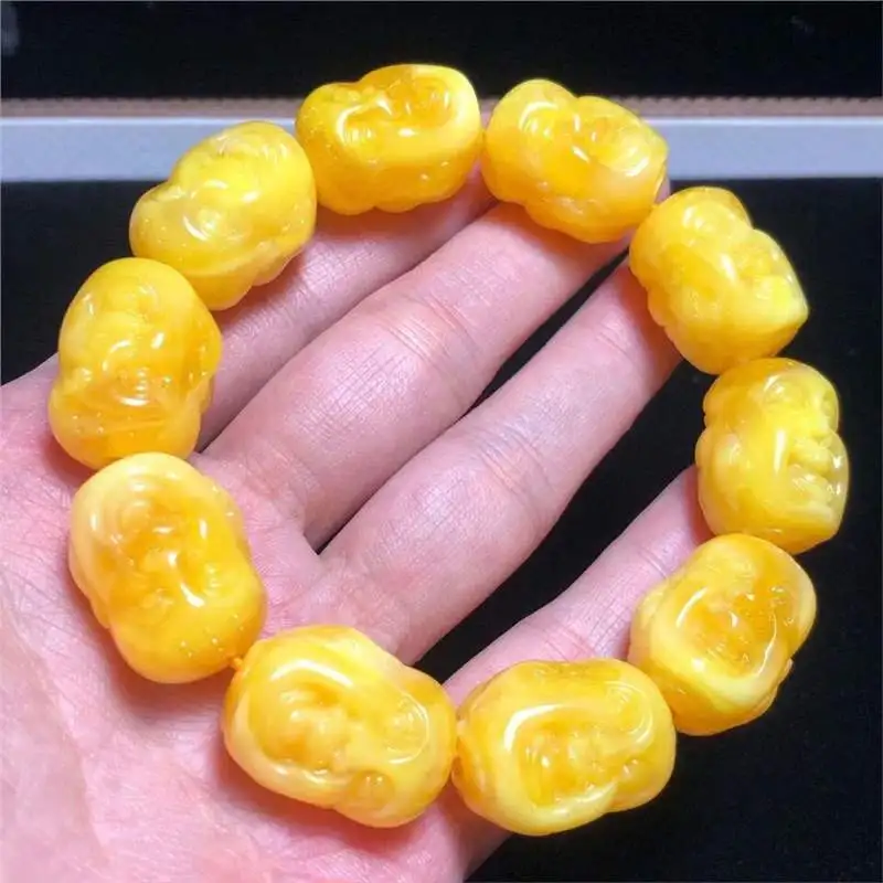 Double-Sided Buddha Head Bracelet Yellow Carved Men's and Women's Bracelet Yellow Chicken Grease Accessories Rosary Ornament Who