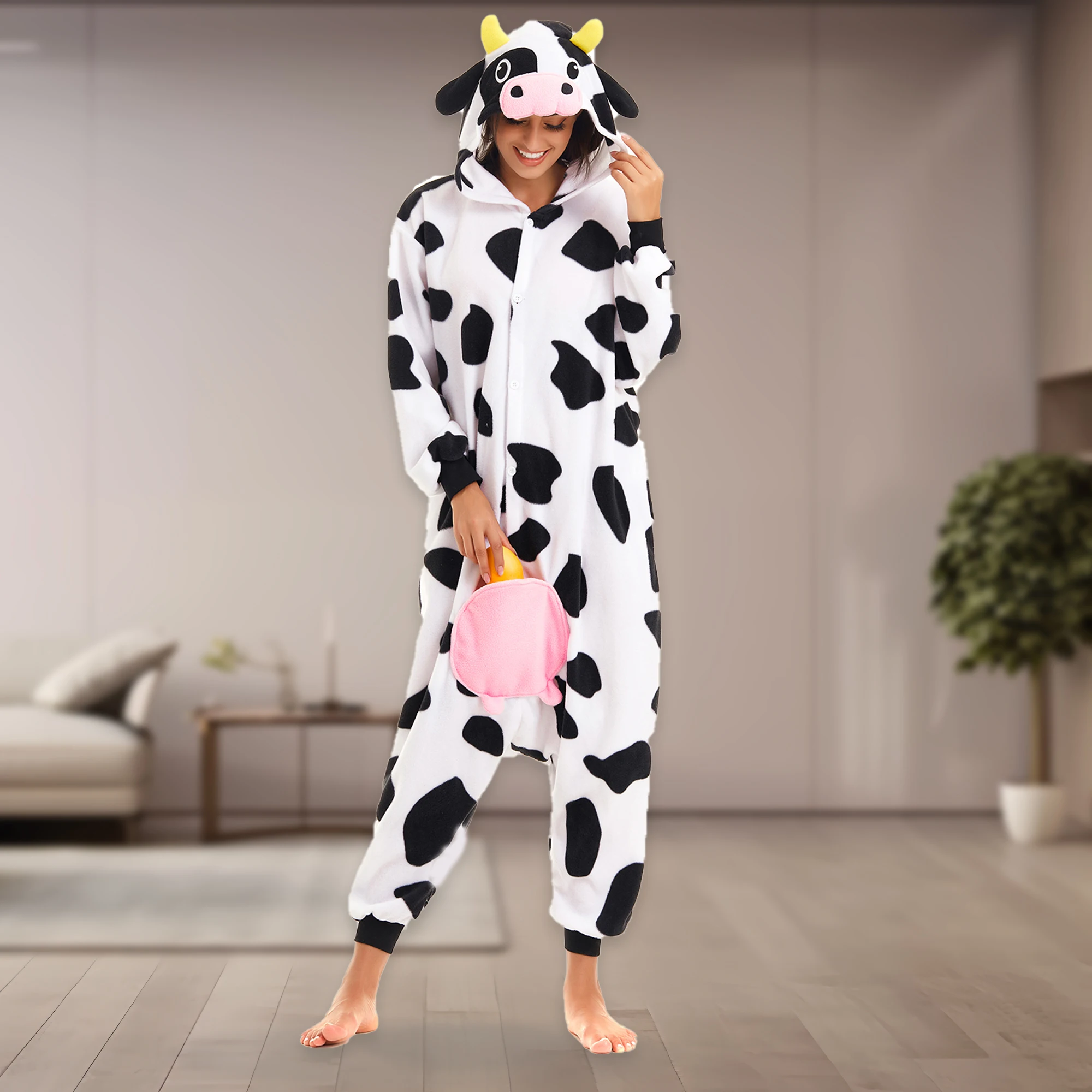 CANASOUR Cow Onesie One-Piece Pajamas Adults Women Soft Hooded Pyjamas Halloween Christmas Cosplay Animal Costume Sleepwear