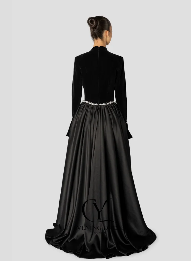 فساتين سهرة بأكمام طويلة وياقة عالية من CUYUN فساتين حفلة موسيقية طويلة مرقعة باللؤلؤ مخصصة لحفلات الزفاف الرسمية للضيوف