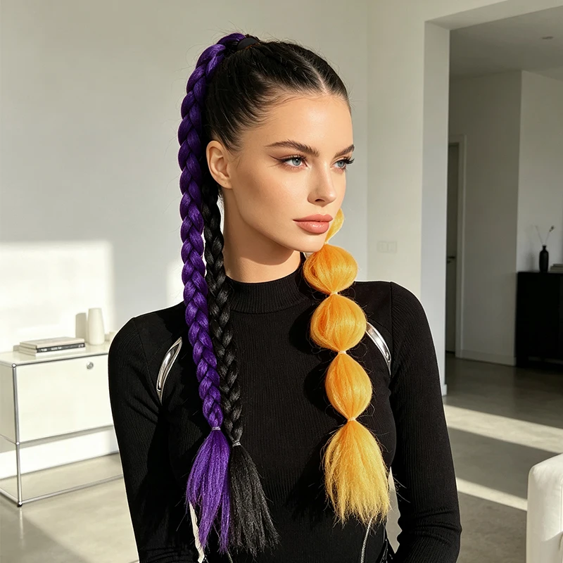3 Tone Bubble Braided Ponytail Synthetic Hair Wig Halloween Costume Hair Extension Purple Orange Black Party Cosplay