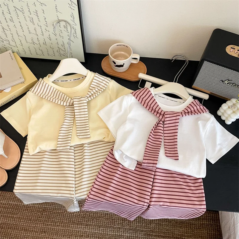 Girls Suit Summer Short-sleeved T-shirt With Stripes Shawls+Pants 2Pcs Outfits Kids Casual Clothes Children's Fashion Sets 1-12Y