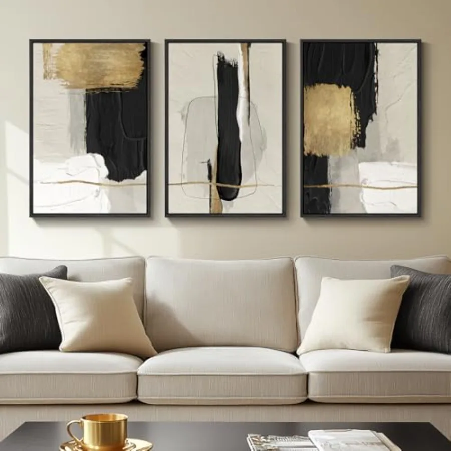 

Framed black and white abstract wall art for living room, hallway, office; canvas prints with gold beige block accents; modern