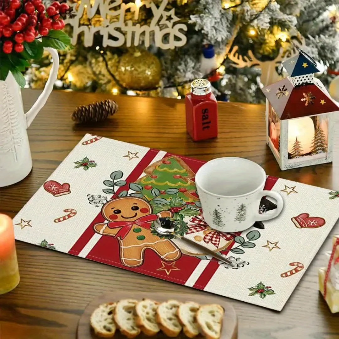 4pcs Christmas Placemat Set, Gingerbread Man Snowman Tree Print, Washable for Kitchen Cafe Restaurant Holiday Table Decor