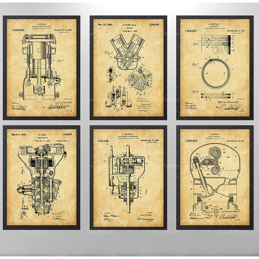 Engine Internal Components Patent Prints, Bearings, Internal Combustion Engines, Transmissions, Pistons Patent Print Posters