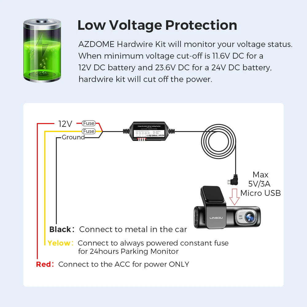 JYX04 Car DVR HardWire Kit For LingDu D200/D600/LD01 Low Vol Protection Micro USB Port ACC Power Cable 12V-24V in 5V/2.5A Out