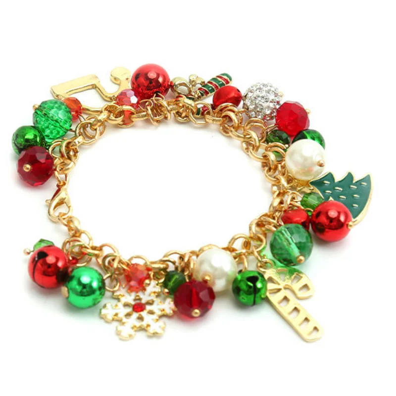 Hot Sale Christmas Bracelet Hanging Pearl Bell Red Green Ball Crystal Beads Snow Politeness Tree Alloy Gift Bracelet Jewellery