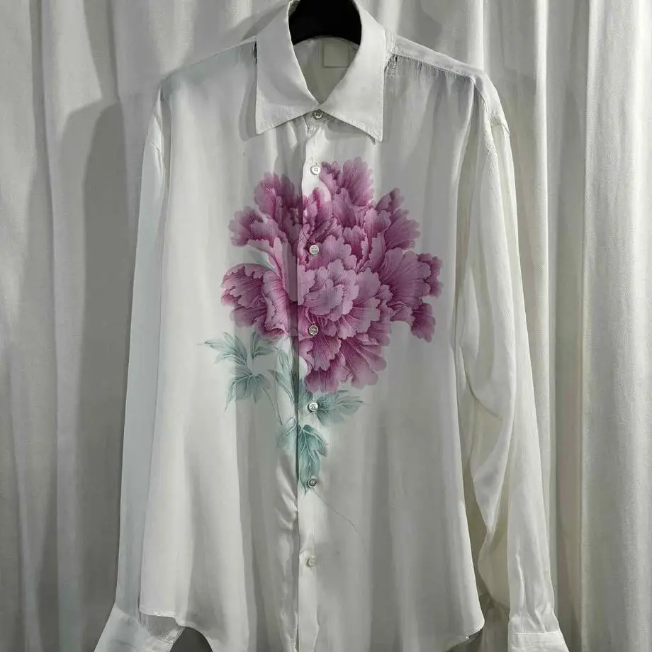 

ТОП-ЯМАМОТО ® Шелковая рубашка с принтом Dahlia. Мужская легкая роскошная рубашка с длинными рукавами и лацканами.