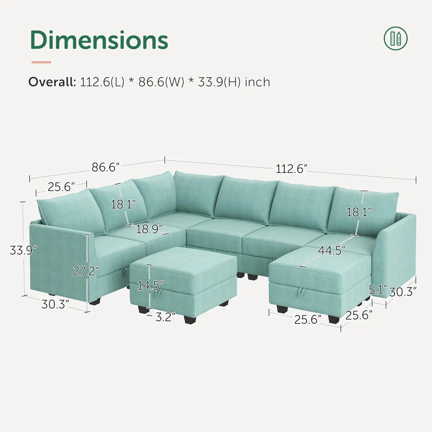 Reversible Sectional Sofa Modular Couch U Shaped Sectional Sleeper Sofa with Storage Seats Oversized Sectional Sofa Aqua Blue