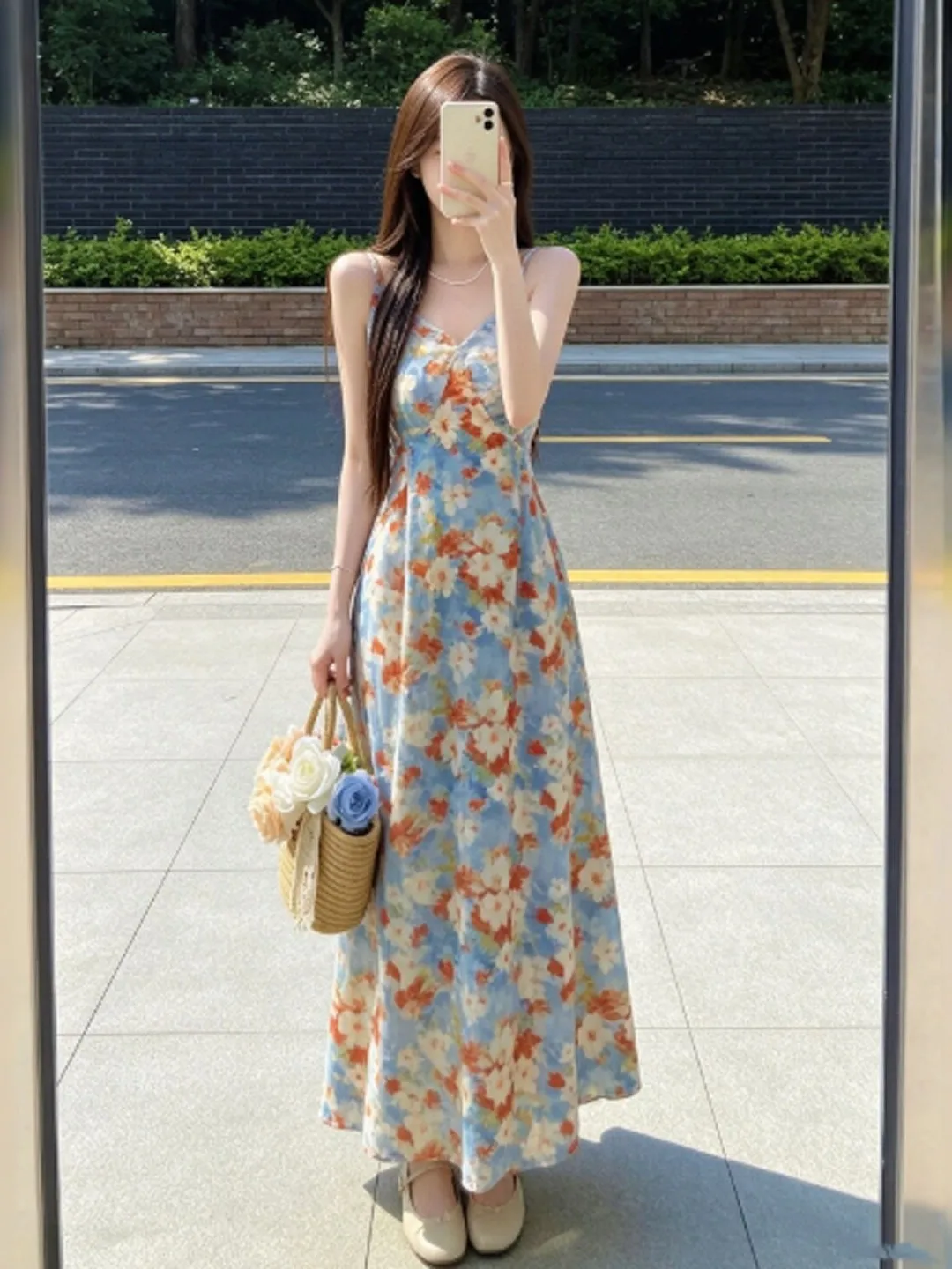 

Retro Style Floral Print Maxi Dress Beach Vacation Unique Tea Break Strap Dress Summer Season High Waist Cotton Gown