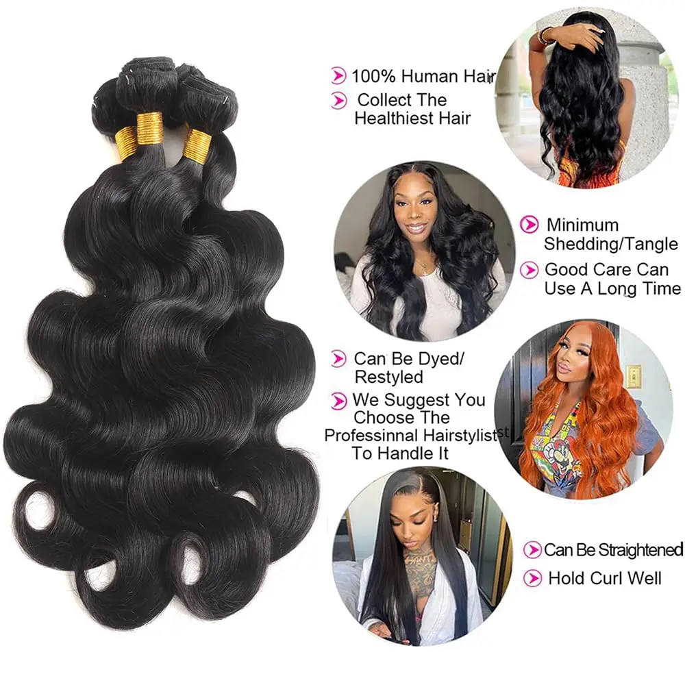 Human Hair Bundles Body Wave Bundles 100% Unprocessed Brazilian Virgin Hair 3 Bundles Deals Human Hair Extensions Natural Color