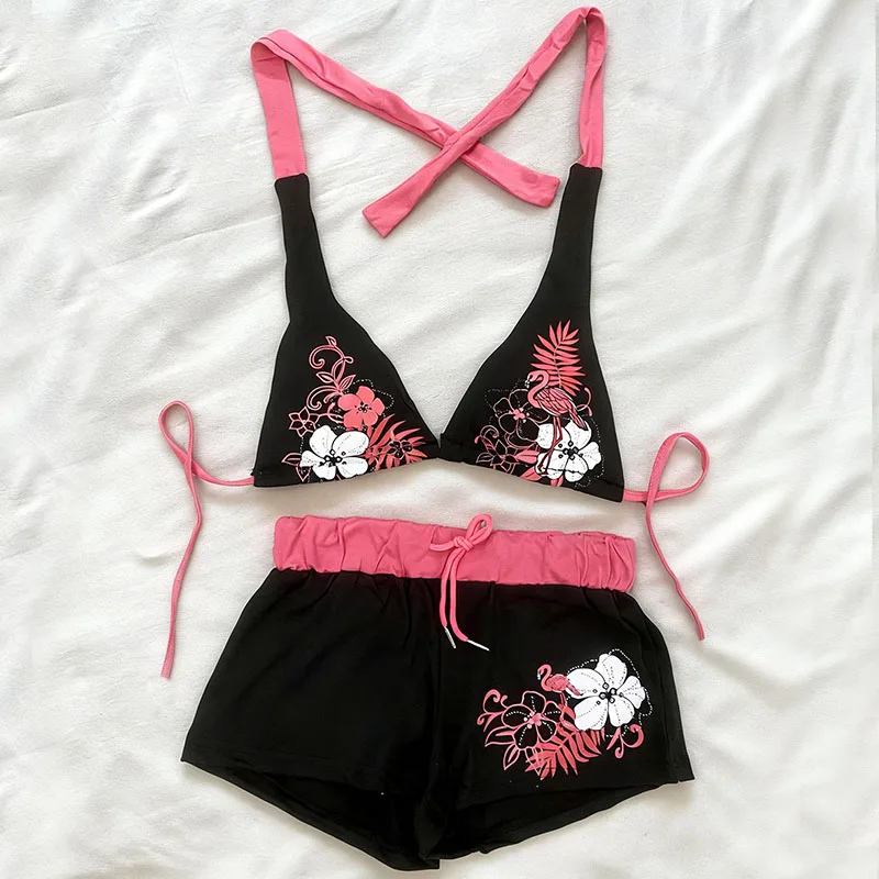 Y2K Aesthetic Vintage Contrast Flower Print Suspender Bra Shorts Set Summer Beach Fashion Hot Sexy Ladies Split Two Piece Bikini