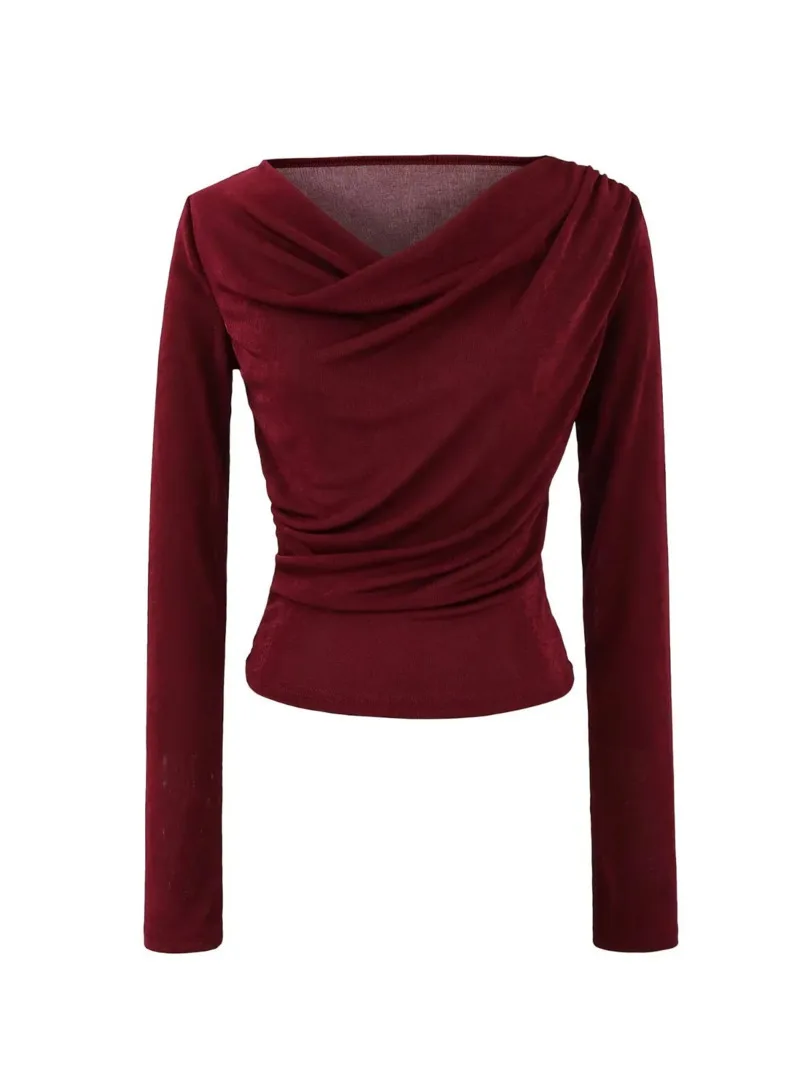 

Модная стильная футболка с длинным рукавом и распашным воротником для женщин, осенняя футболка в стиле Pure Desire, облегающая талия, элегантная, нерегулярная, 1D6B