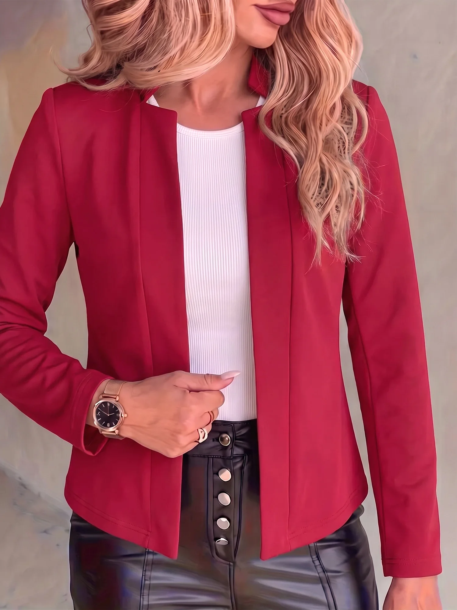 Women Long Sleeve Open Blazer Mandarin Collar Solid Slim Fit Casual Office Jacket Female Basic Outerwear