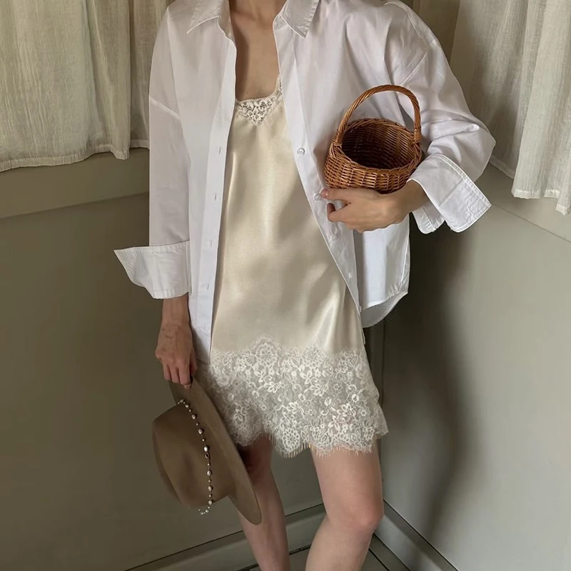 Women Satin Silky Flowy Dress Y2K Spaghetti Strap Lace Patchwork Slip Dress Tank Tops Elgant Lady Sexy V Neck Camisole Dress