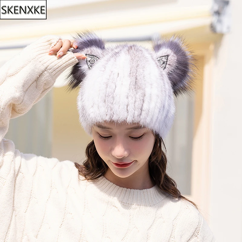 New Winter Girl Fashion Lovely Cat's ear Real Mink Fur Hat Luxury Warm Natural Mink Fur Hats Women Thick 100% Real Mink Fur Cap