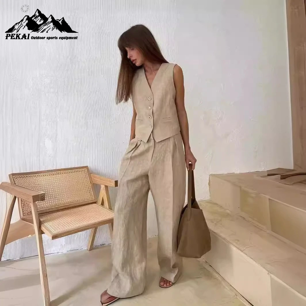 

Жилет, повседневный комплект брюк, европейский и американский комплект весны/лета 2024, новый стиль, женский модный жилет без рукавов, комплект брюк с низкой талией