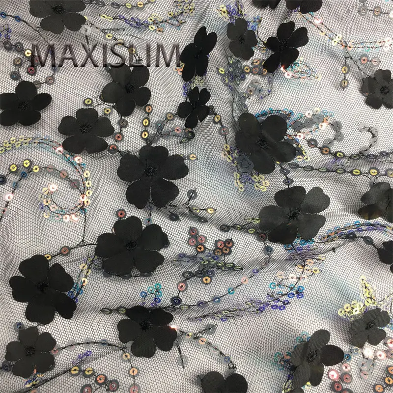 NEW 3+5MM Mesh Sequin Fabrics 3D Embroidery Plum Blossom Fabric DIY Sewing Children's Dress Wide:125CM