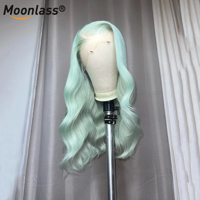 Perruque Lace Frontal Wig Body Wave brésilienne naturelle, cheveux lisses, gris ombré, bleu, 13x4