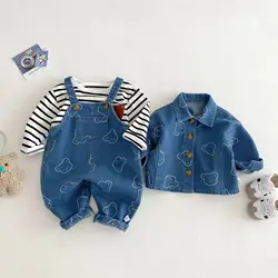 2025 Spring New Cartoon Bear Overalls for Kids, Korean Style Boys' Denim Pants, Full-Print Baby Toddler Spring Outfit
