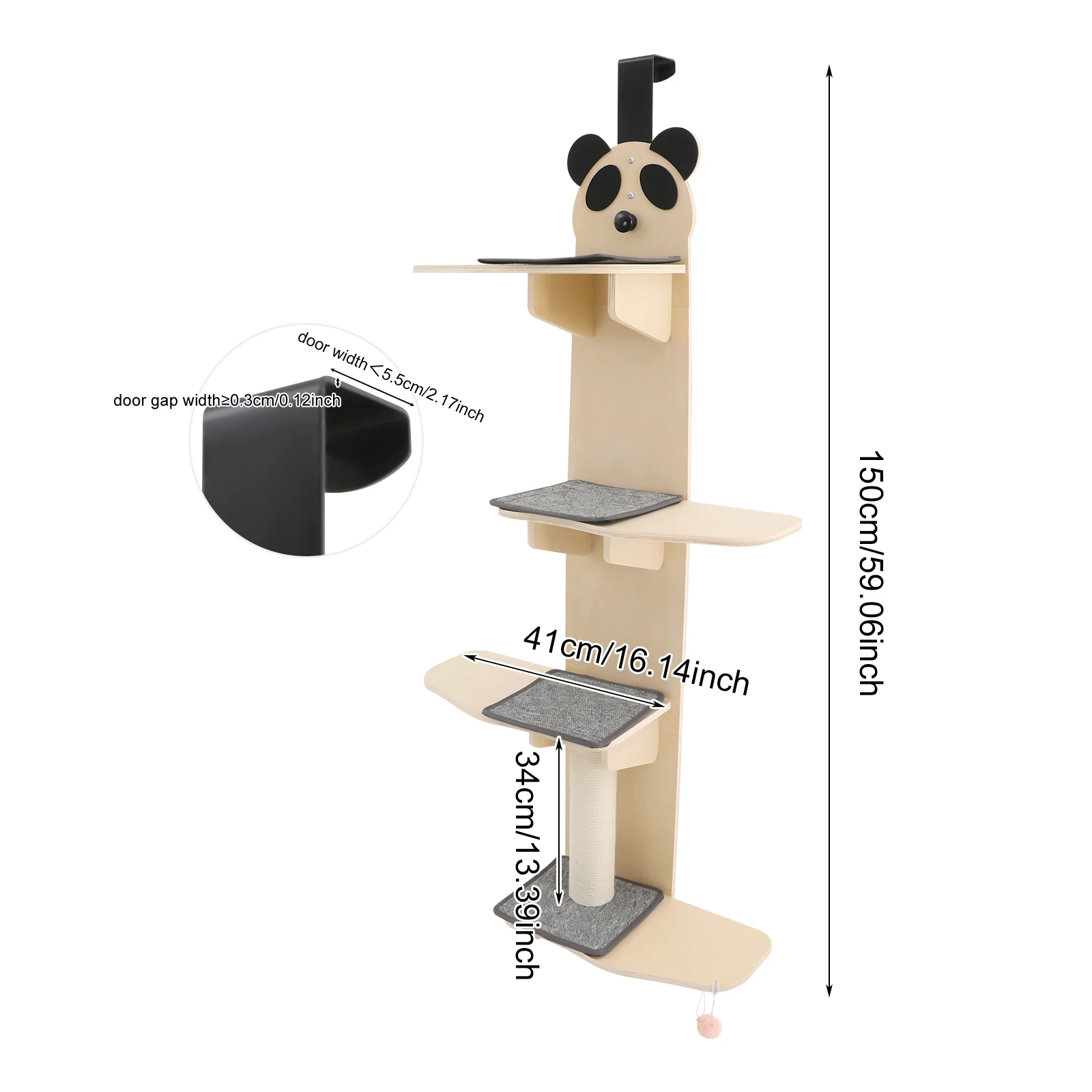Light Wood Color Panda Head Solid Wood Cat Door Hanger 4-tier Door Hanging Cat Climber with Tease Ball Cat Tree Tower for  Cats To Climb, Scratch, Play, Rest