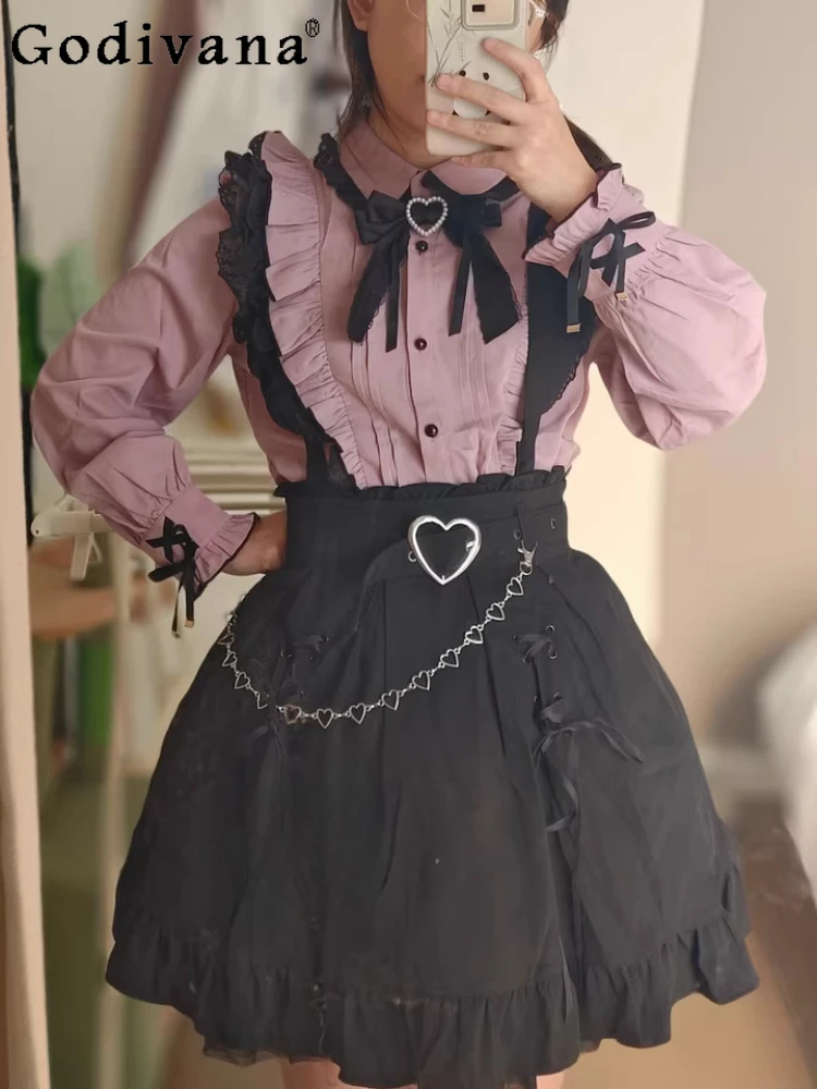 

New Large Size Japanese Peter Pan Collar Bow Heart Shape Lace Shirt Fashion Girl Versatile Age Reduction Long Sleeve Shirts