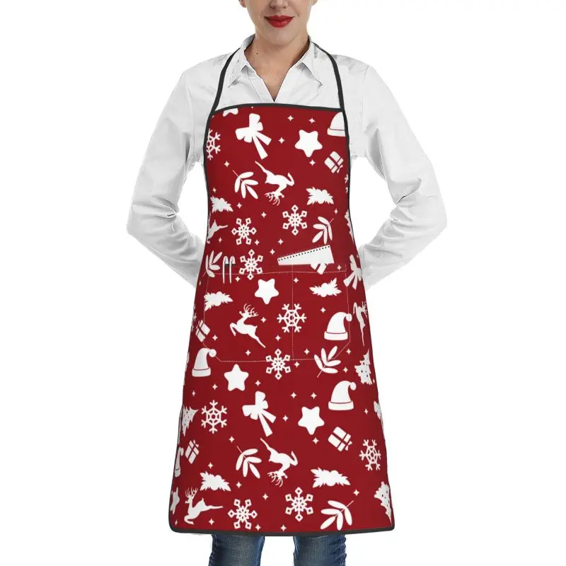 Cartoon Christmas Santa Apron with 2 Pockets Women Men Waterproof Kitchen Cooking Bib Aprons Animals Elk deer snowman Aprons