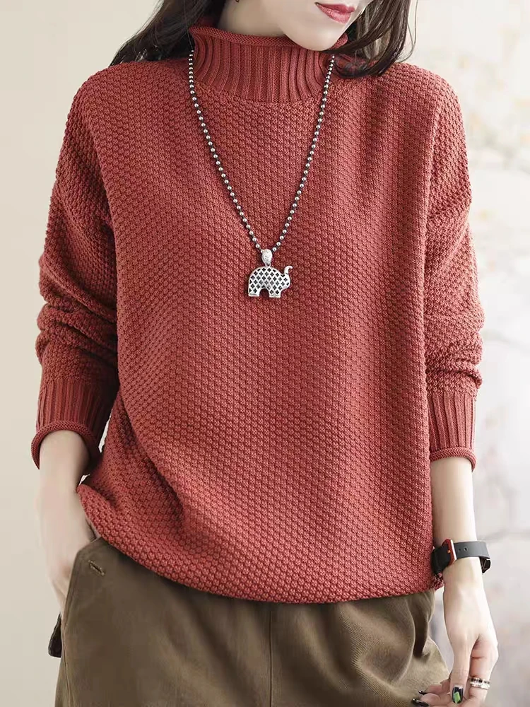 

Ретро-свитер из утолщенного хлопка свободного кроя с высоким воротником для женщин, облегающий топ для мам, однотонный, для повседневной носки