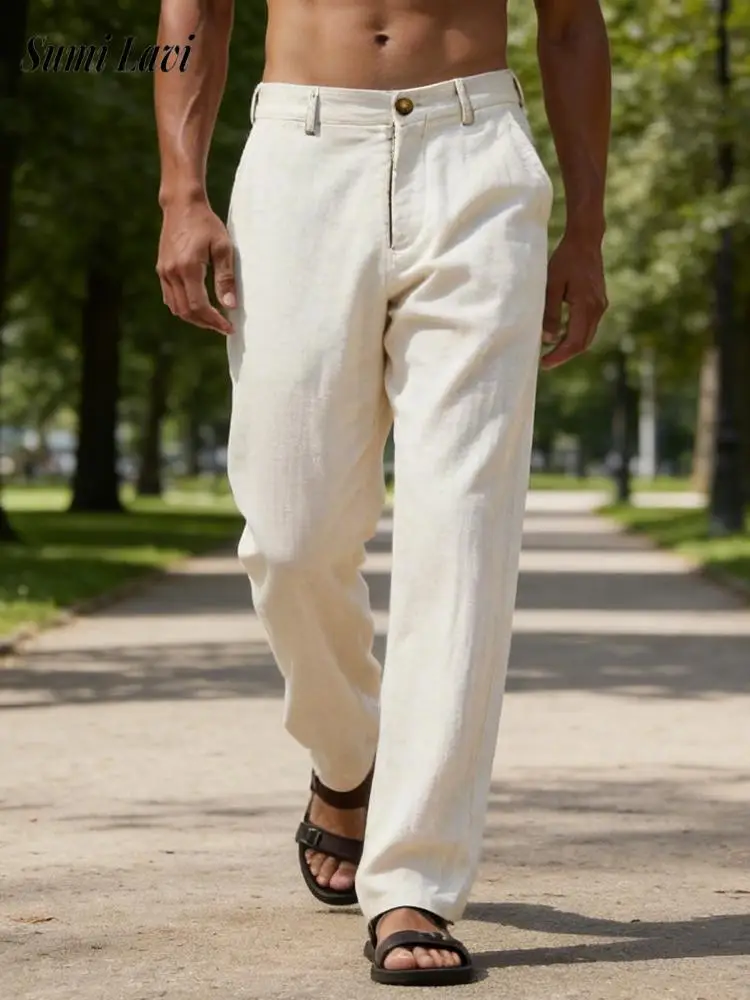 

2026 Spring Summer Casual Pants Mens Vintage Solid Color Loose Straight Linen Trousers Daily Leisure Breathable Mens Pants
