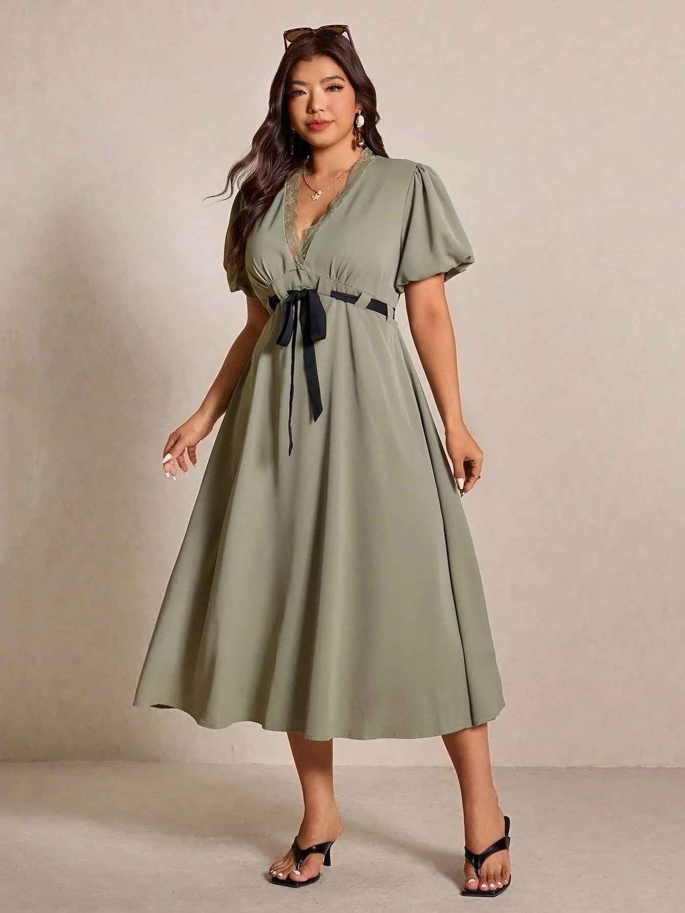 

Plus Size Women V-Neck Lace Puff Sleeve Tie Waist A-Line Midi Dress Casual Summer Vacation Resort Wear
