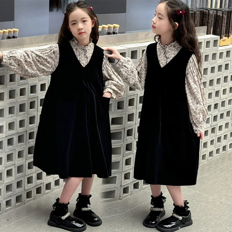 

Autumn Kids Baby Girls Dress Sets Flower Printed Round Neck Top+Sleeveless Solid Kids Girls Sets Long Sleeves Children Girls Set