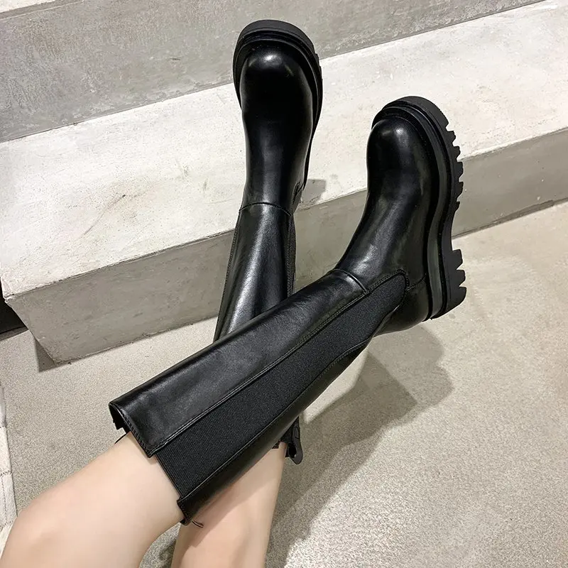 Fashion Woman\'s Platform Zipper Spring Autumn PU Leather Non-slip Knee High Luxury Designer Casual Women Chunky Long Black Boots