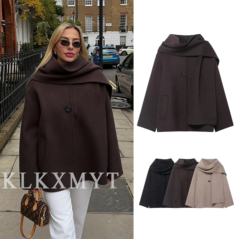 

Women's Jacket 2025 Women Fall Winter Fashion Solid Color Long Sleeve Scarf Collar Jackets Women High Street Leisure Outerwears