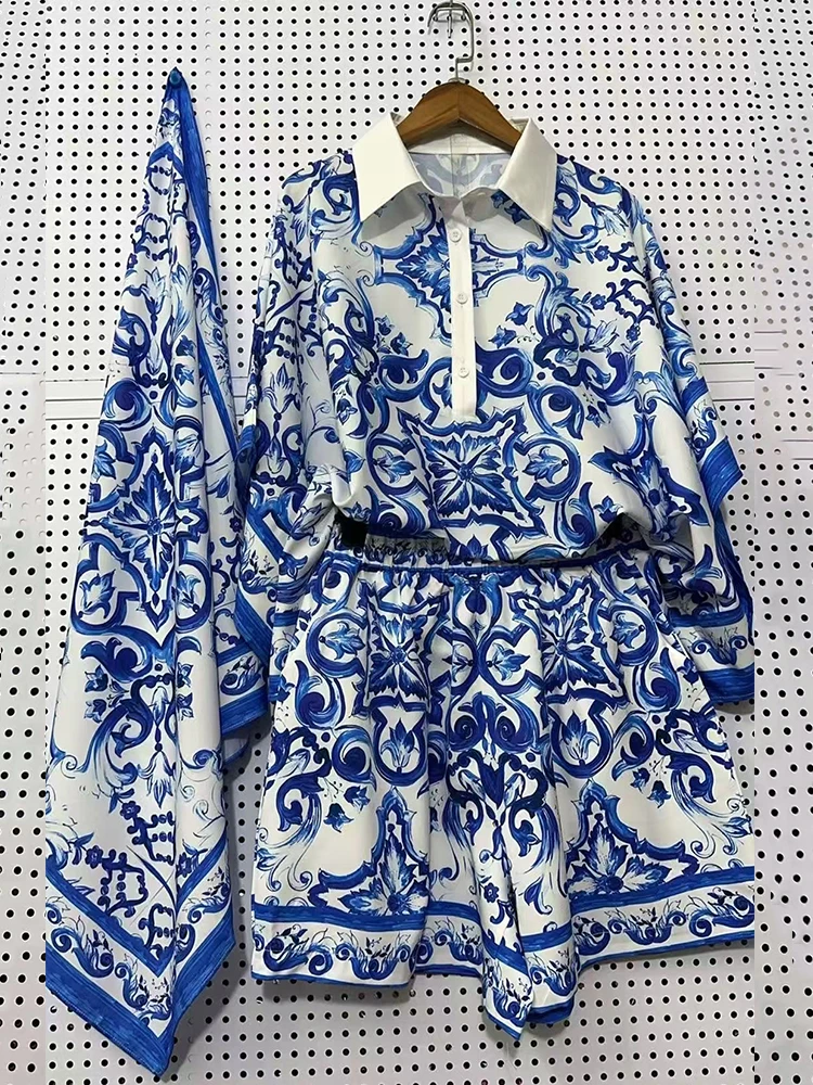 

Retro geometric print collar pullover straight leg shirt two-piece set for 2025 summer women's clothing+loose shorts fashion set