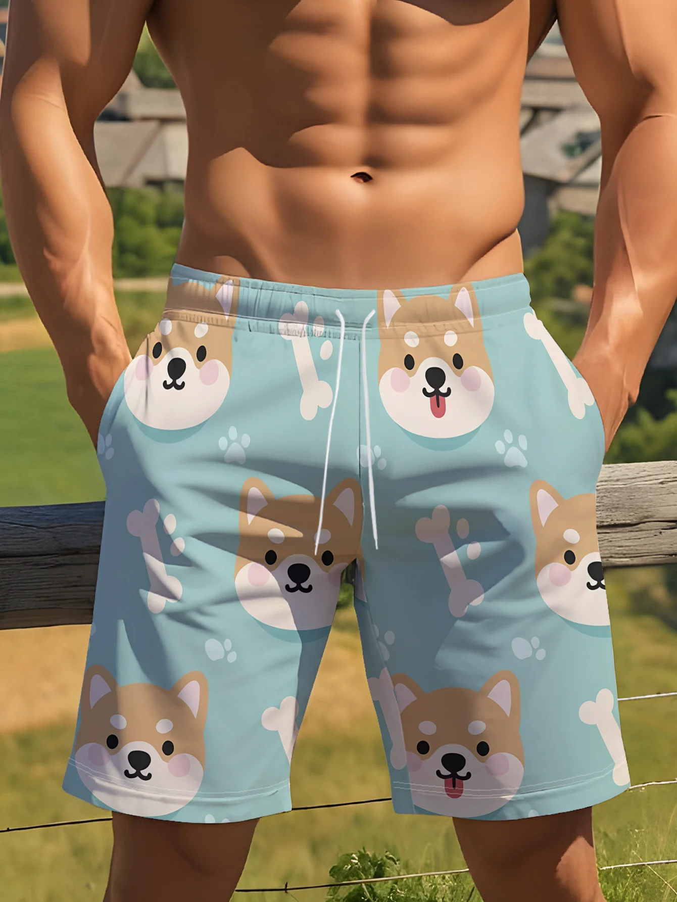 

Mens Blue White Abstract Wave Print Quick Dry Drawstring Waist Beach Shorts Swim Trunks 2026