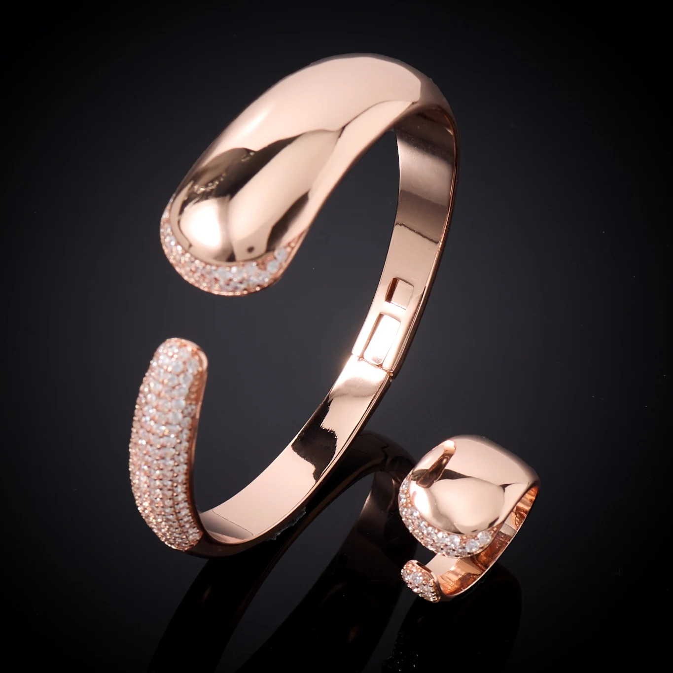 IN JEWELIFE New Arrival Irregular Curved Rose Gold Jewelry Set Micro Zircon Paved Open Cuff Bangle Adjustable Open Ring 2Pcs Wom