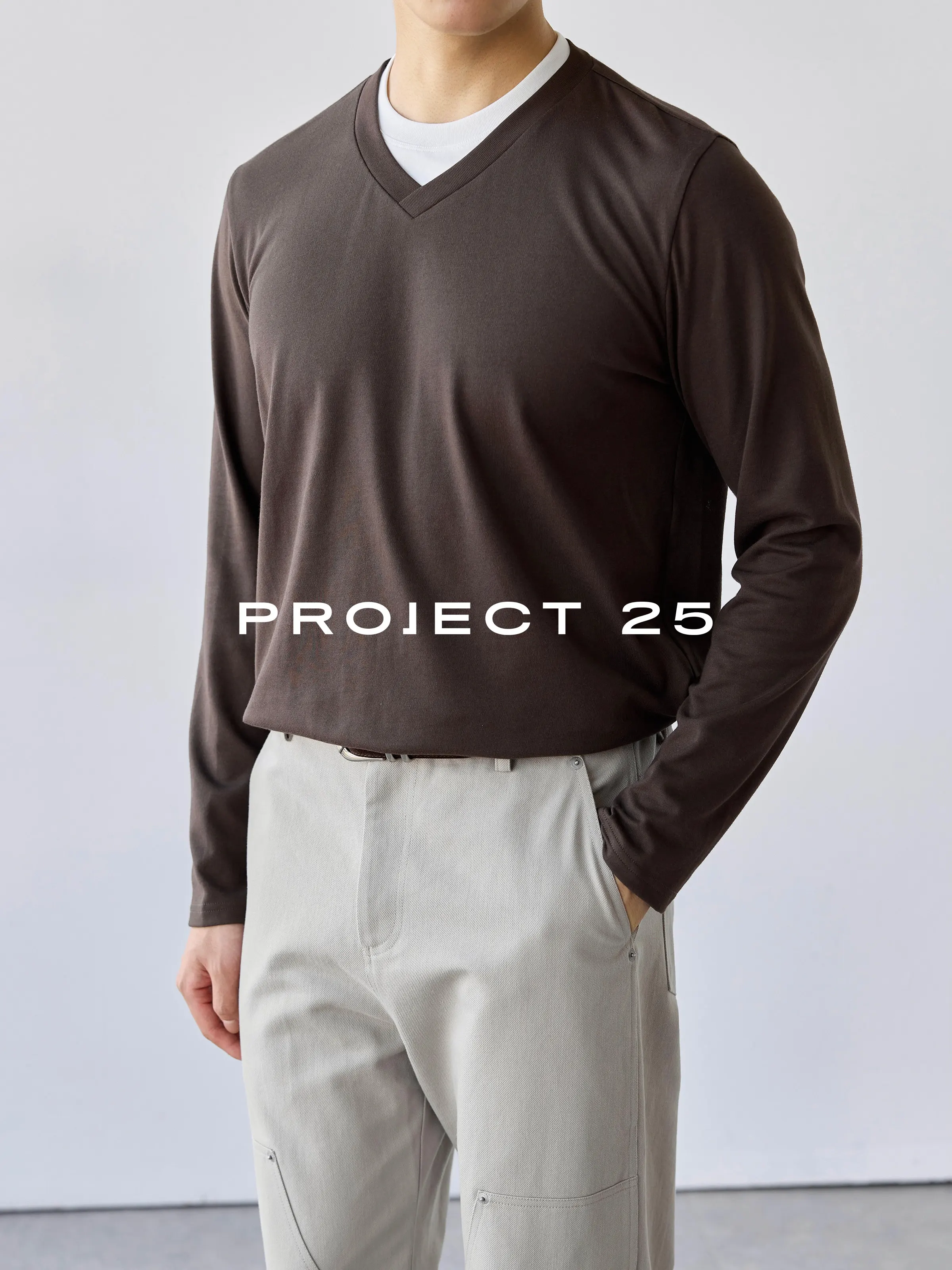 PROJECT 25 Men V Neck Color Block Fake Two Piece Long Sleeve T-shirt Slim Fit Commuter Versatile Layered Casual Basic Tee
