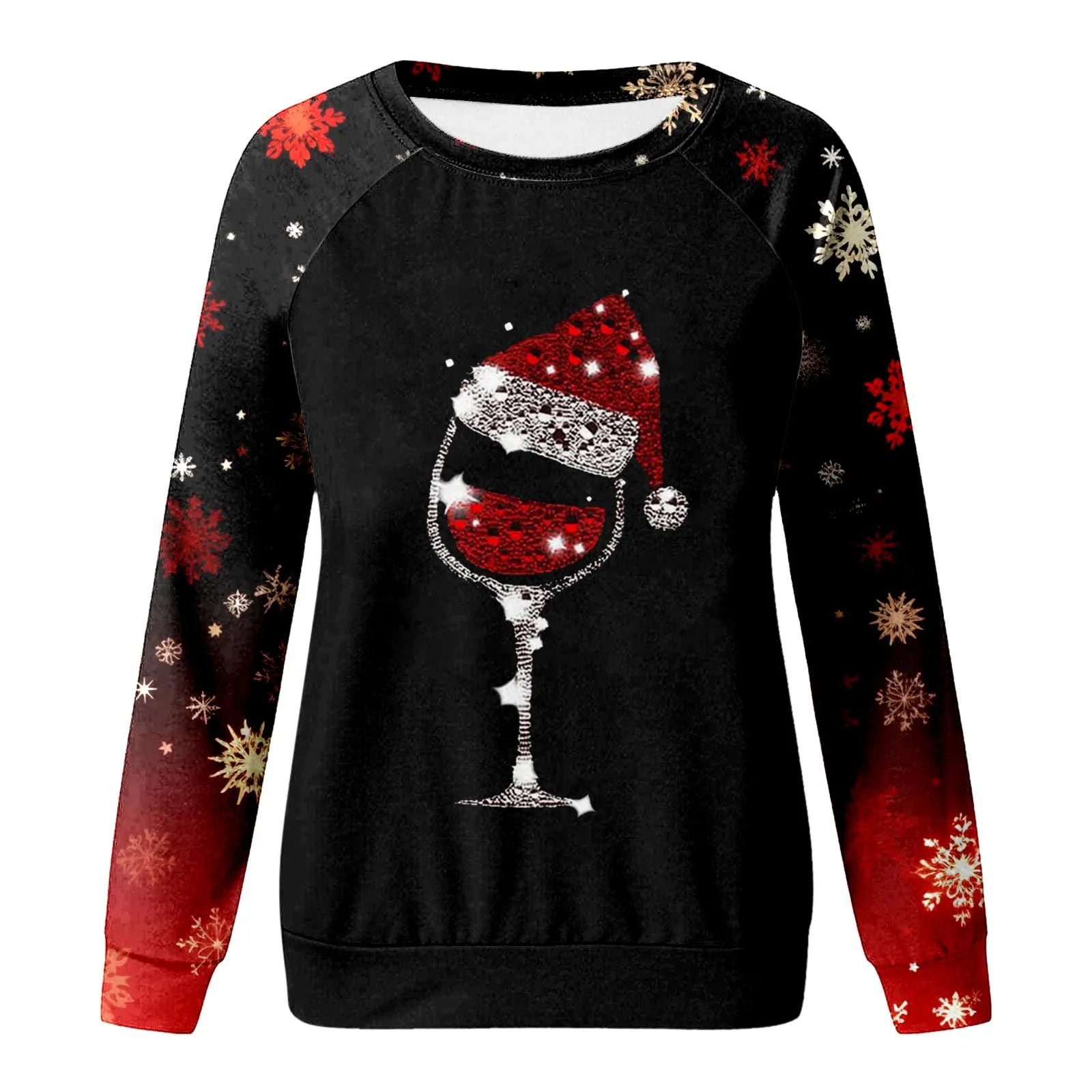 Ladies Christmas Print Casual Sweatshirt Round Neck Long Sleeve Raglan Sweatshirt Top Autumn Winter Leisure Outfit Casual Wear