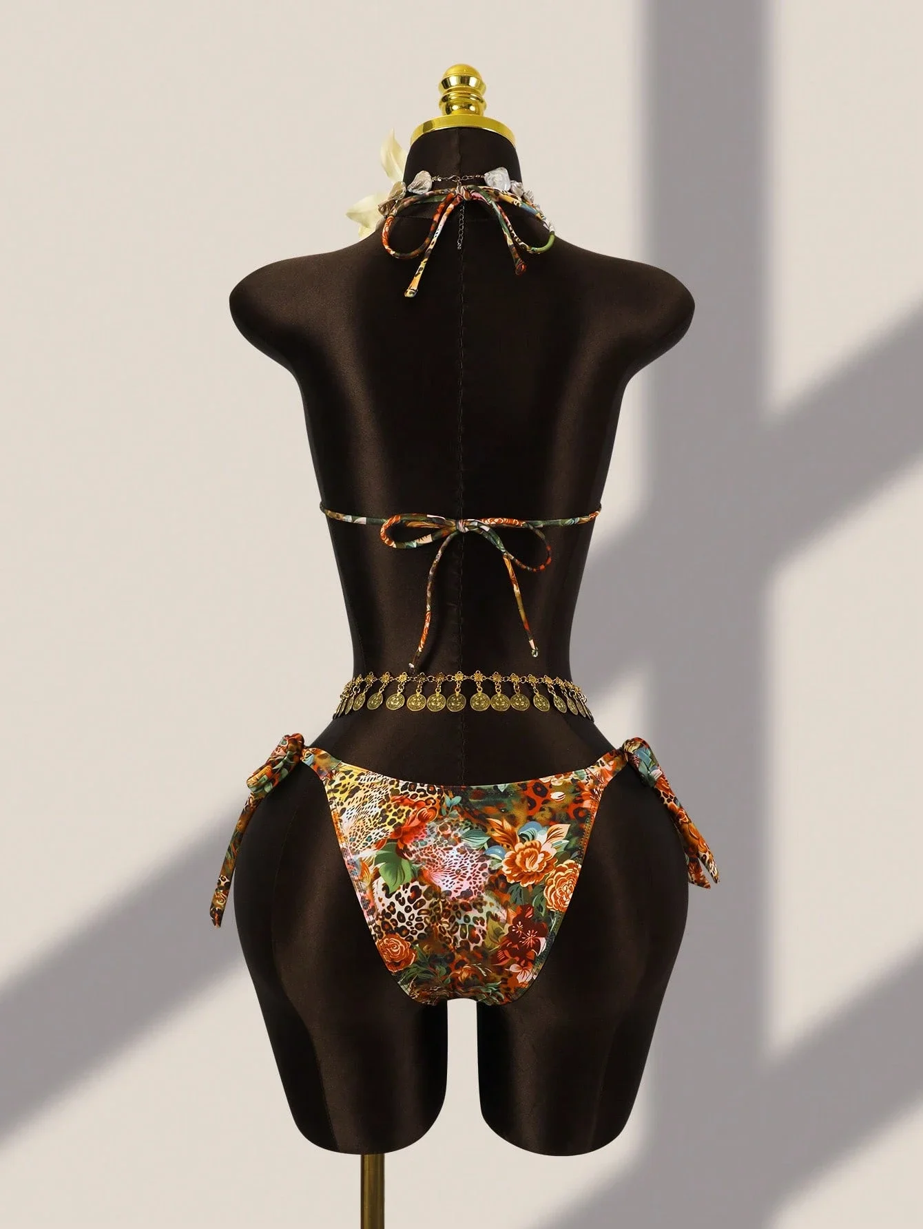 

Leopard And Floral Print Tie-Up Halter Bikini With Coin Chain Waist Belt And Adjustable Side Ties