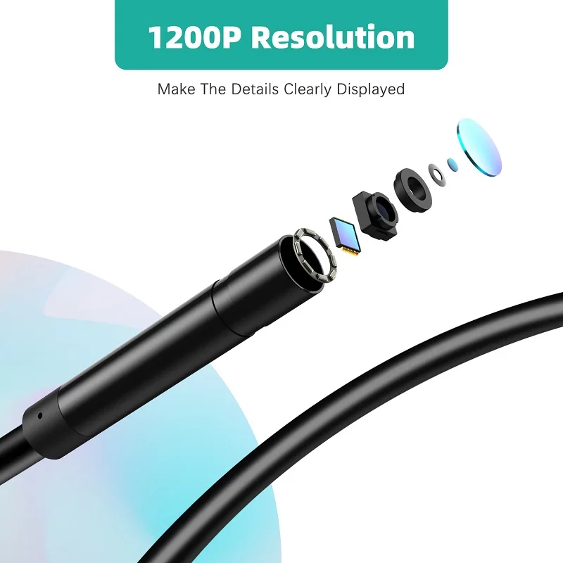 WIFI Endoscope Camera for iPhone Android Phones 8MM HD1200P Wireless Inspection Borescope Rigid Cable Waterproof 2.0MP 8 LEDs