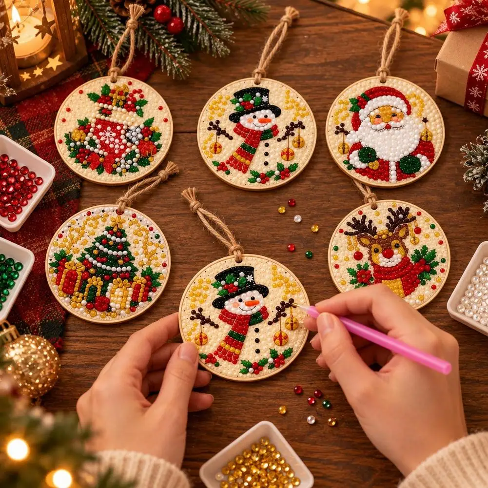 5D Full Round Drill Diamond Painting Kit 6Pcs Christmas Round Hanging Ornaments DIY Rhinestone Pendant Santa Snowman Reindeer Xm