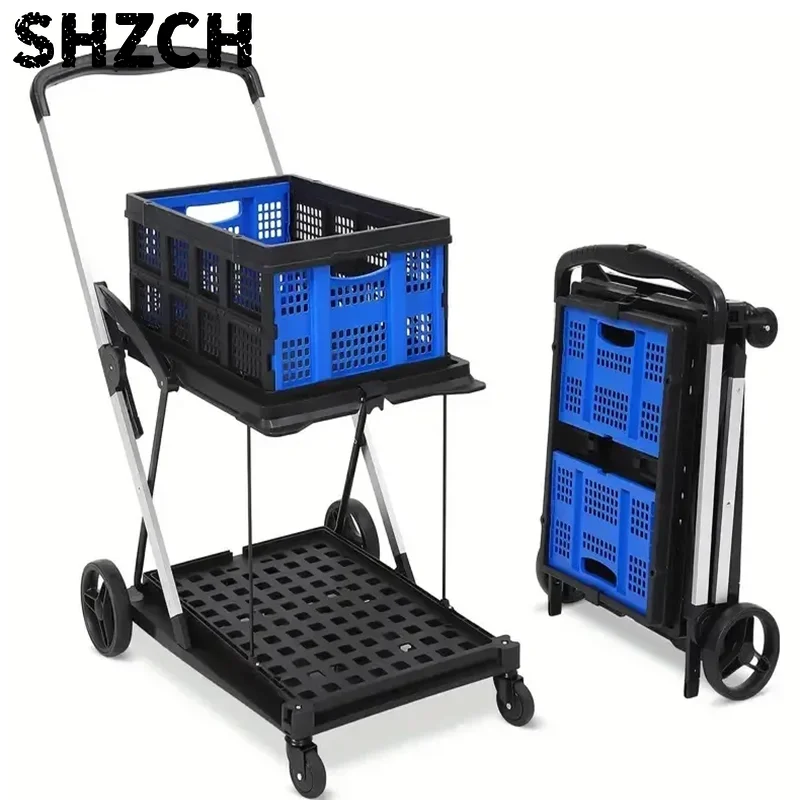 2-stöckiger tragbarer Outdoor-Einkaufswagen mit Rädern, mobiler Handwagen mit Körben, Aufbewahrungstrolley für einfachen Transport
