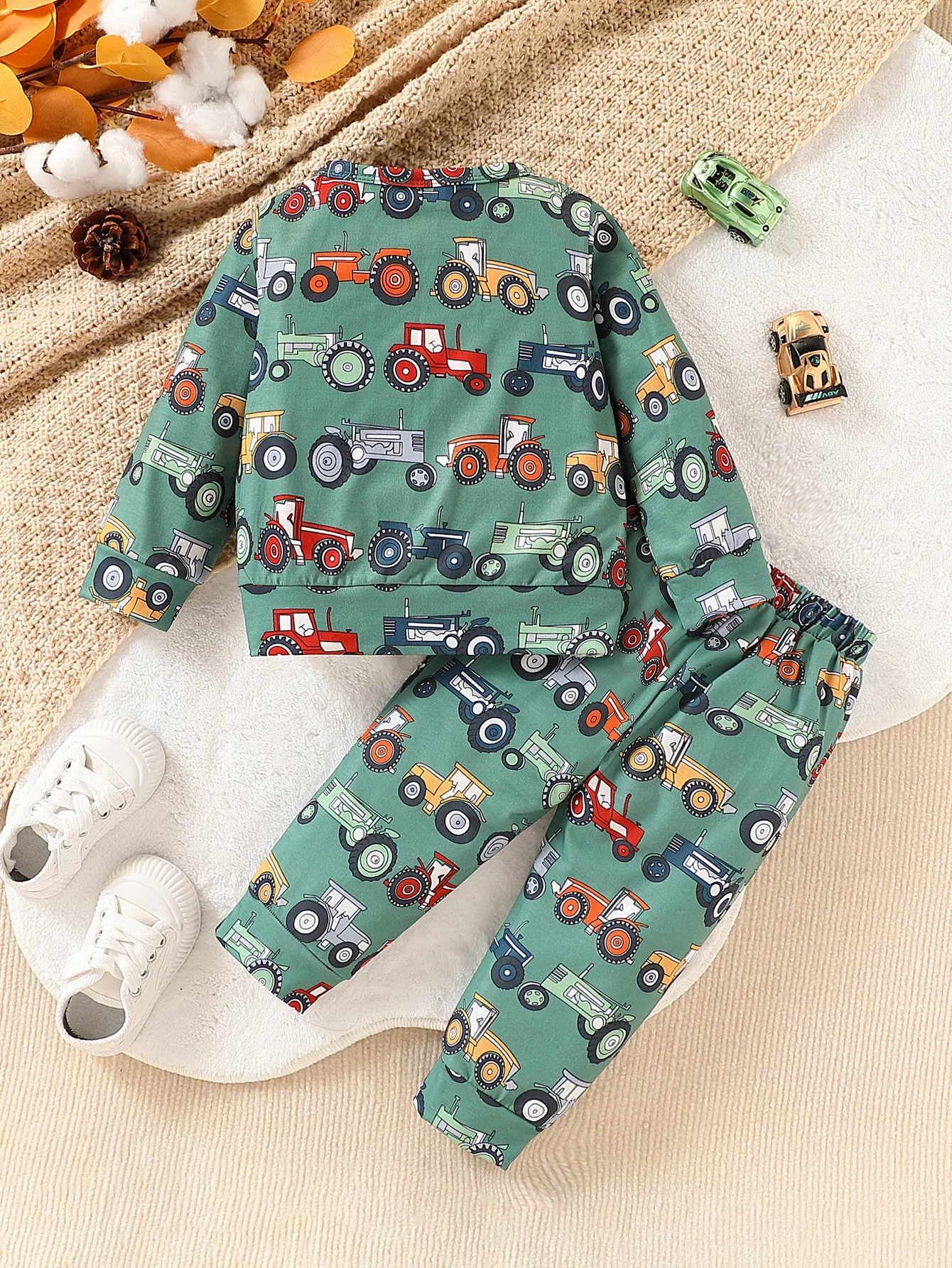 2Pcs Toddler Boy Outfit, Tractor Print Long Sleeve Top & Cuffed Pants Cute Kids Loungewear Set 0‑3Y