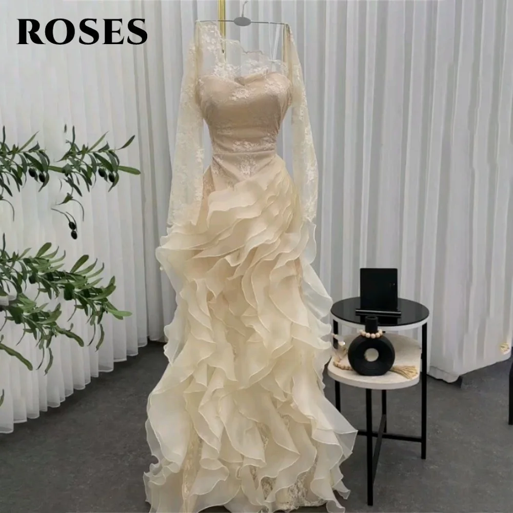 

ROSES Ivory Prom Dresses with Pleats Full Sleeve Lace Tiered Evening Dresses Embellished Bodice V-Neck Party Dresses Customized