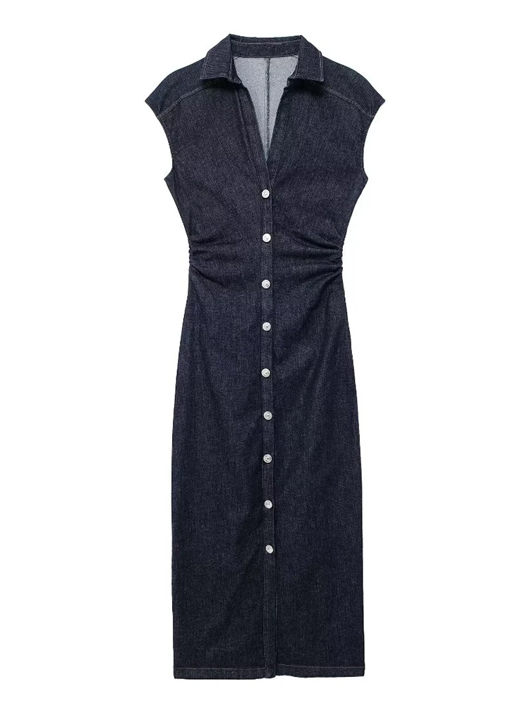 TRAF Women Denim Shirt Style Dress 2024 Aumumn Vintage Turn Down Collar Robes Office Lady Single Breasted A Line Dresses