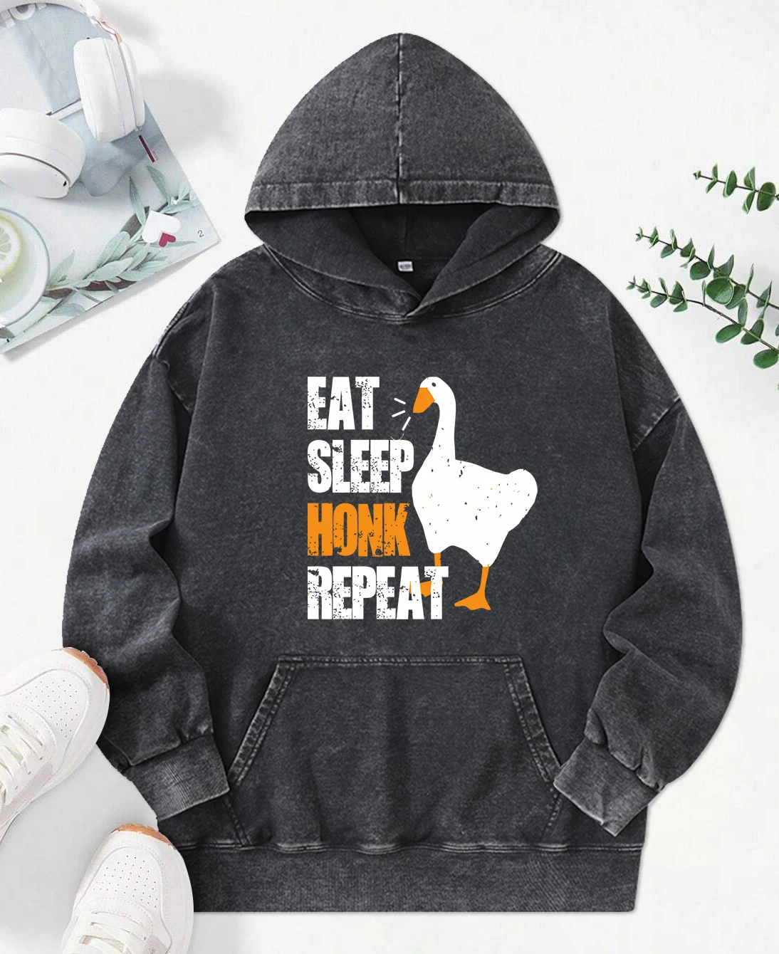 Eat Sleep Honk Repeat Duck Cartoon Print Women Washed Hoodie All-Match Cotton Clothes Trendy Autumn Pullover Casual Loose Hoody